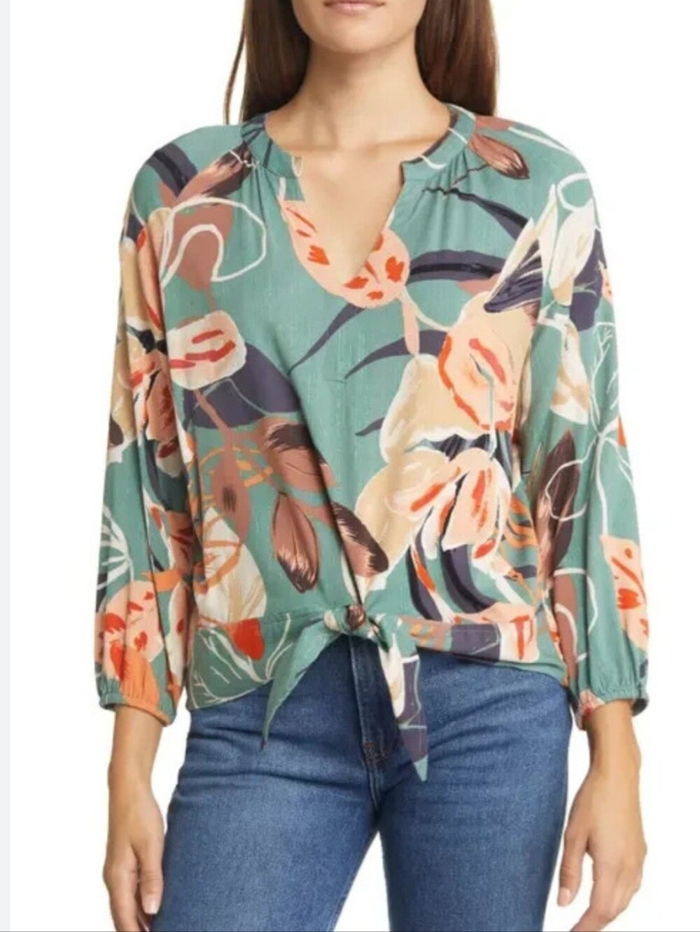 Nic+Zoe Artful Orange And Teal Floral Tropical Print Blouse Ties At Waist Crop